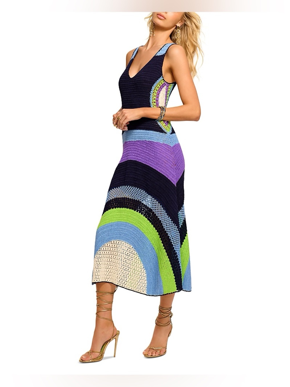 NWT New Ramy Brook Cadence Crochet Colorblock Midi Dress Navy Colorblock Size S